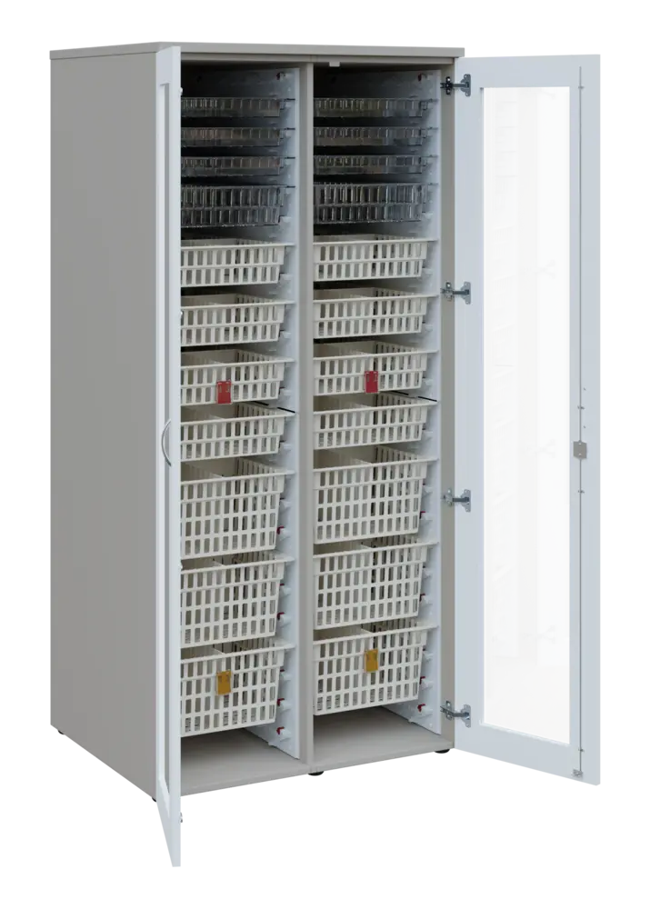 EUROMEDICA S - 90 skříň léková boxová, 2-dveřová/prosklená, 1950x900x735, korpus šedý, dvířka bílá